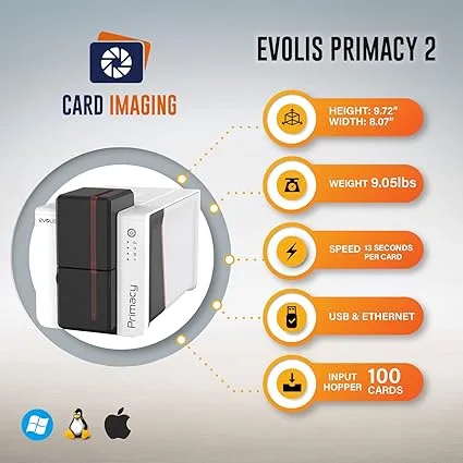 Evolis Primacy 2 PVC ID Card Printer + Colour Ribbon + 100nos PVC Cards - Image 2