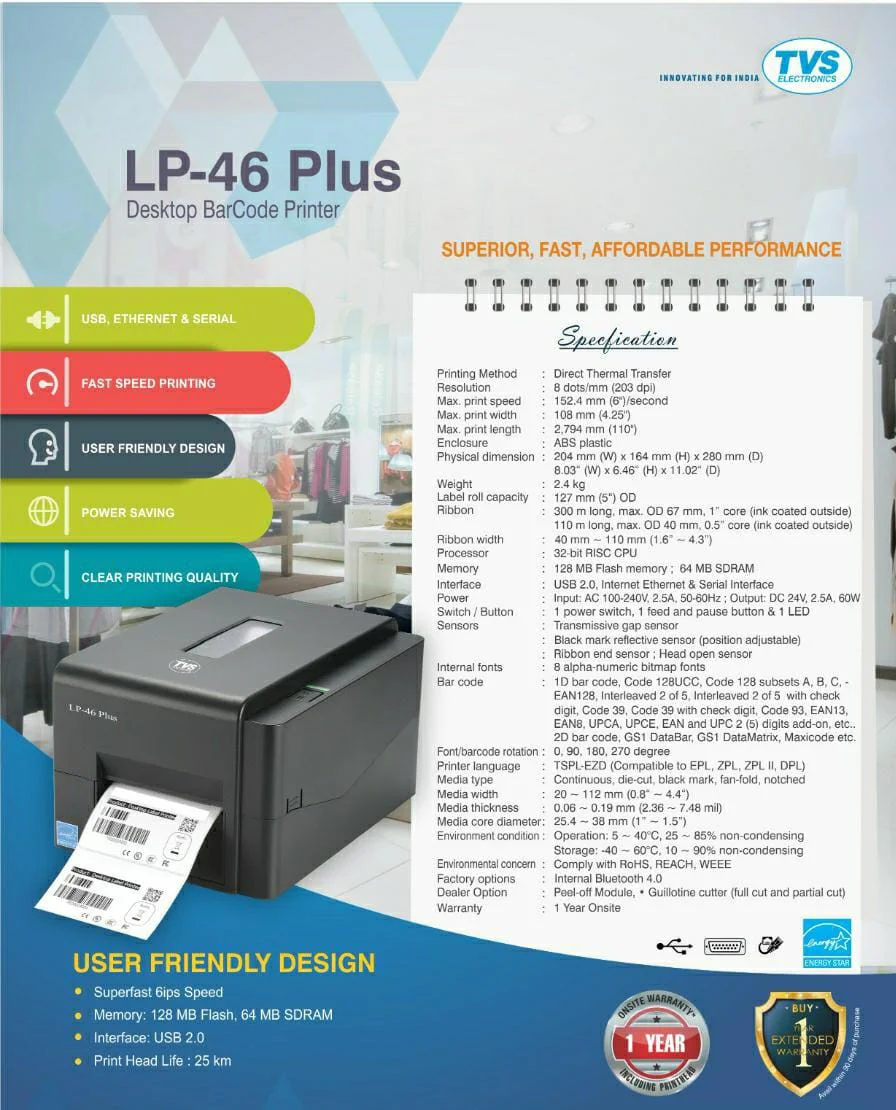 TVS LP 46 Plus Barcode Label Printer (Usb+Lan+Serial) - Image 4