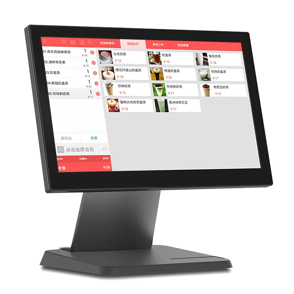 "15.6-inch industrial touch screen monitor with sleek black bezel, displaying vibrant interface